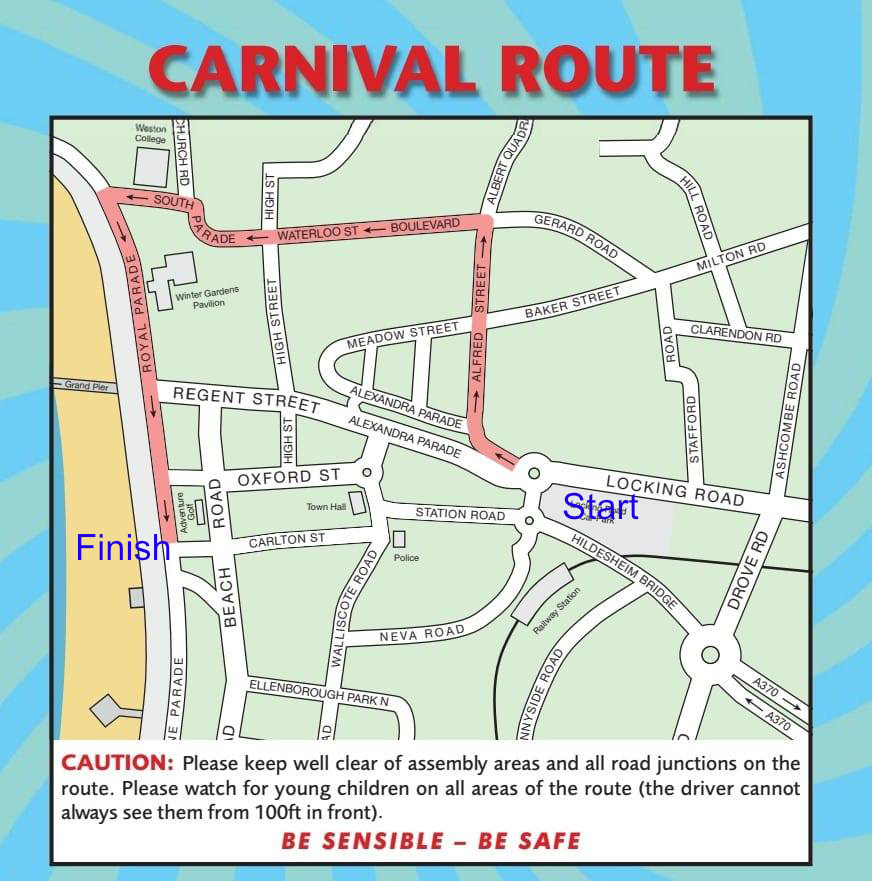 Map showing the route of the Weston-super-Mare Carnival